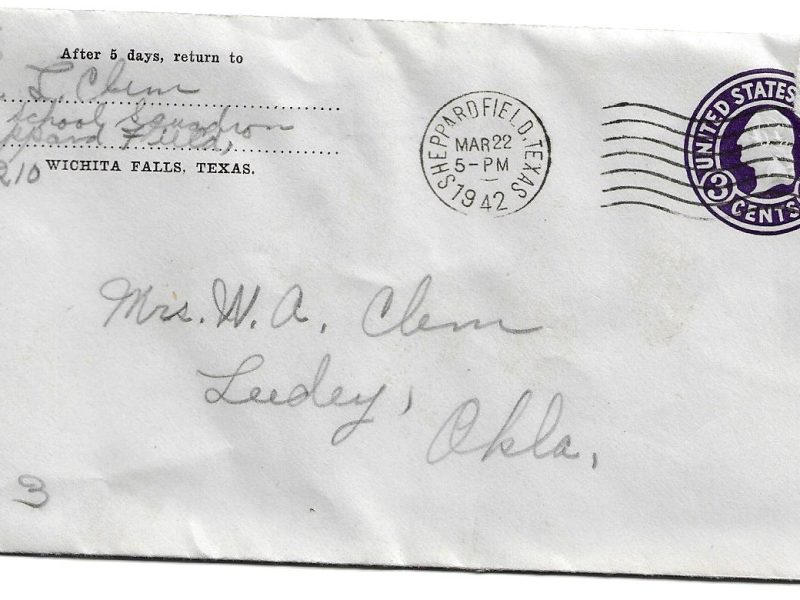 Lee Clem Letter to Mrs. W. A. Clem, Leedey, Oklahoma, March 20, 1942