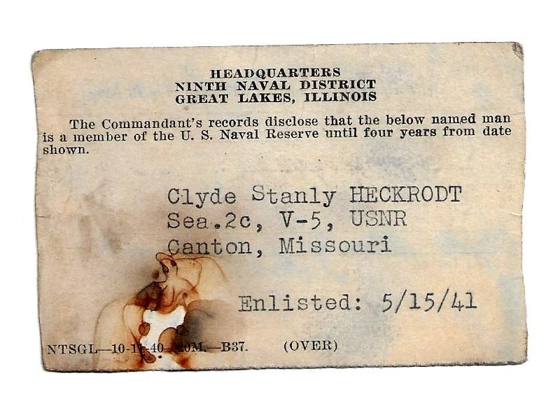 Clyde Stanly Heckrodt Military I. D., May 15, 1941