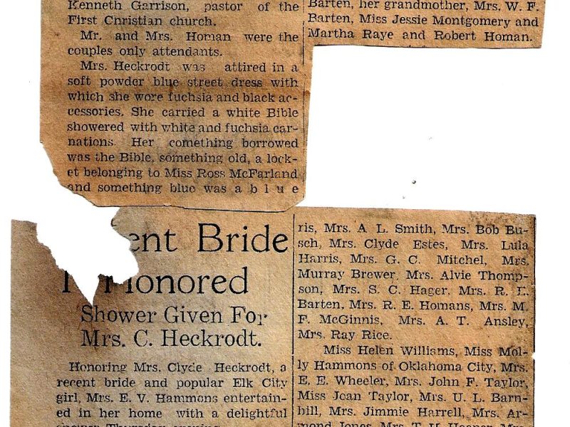 Charles and Gwen Heckrodt Newspaper Articles about Wedding and Shower